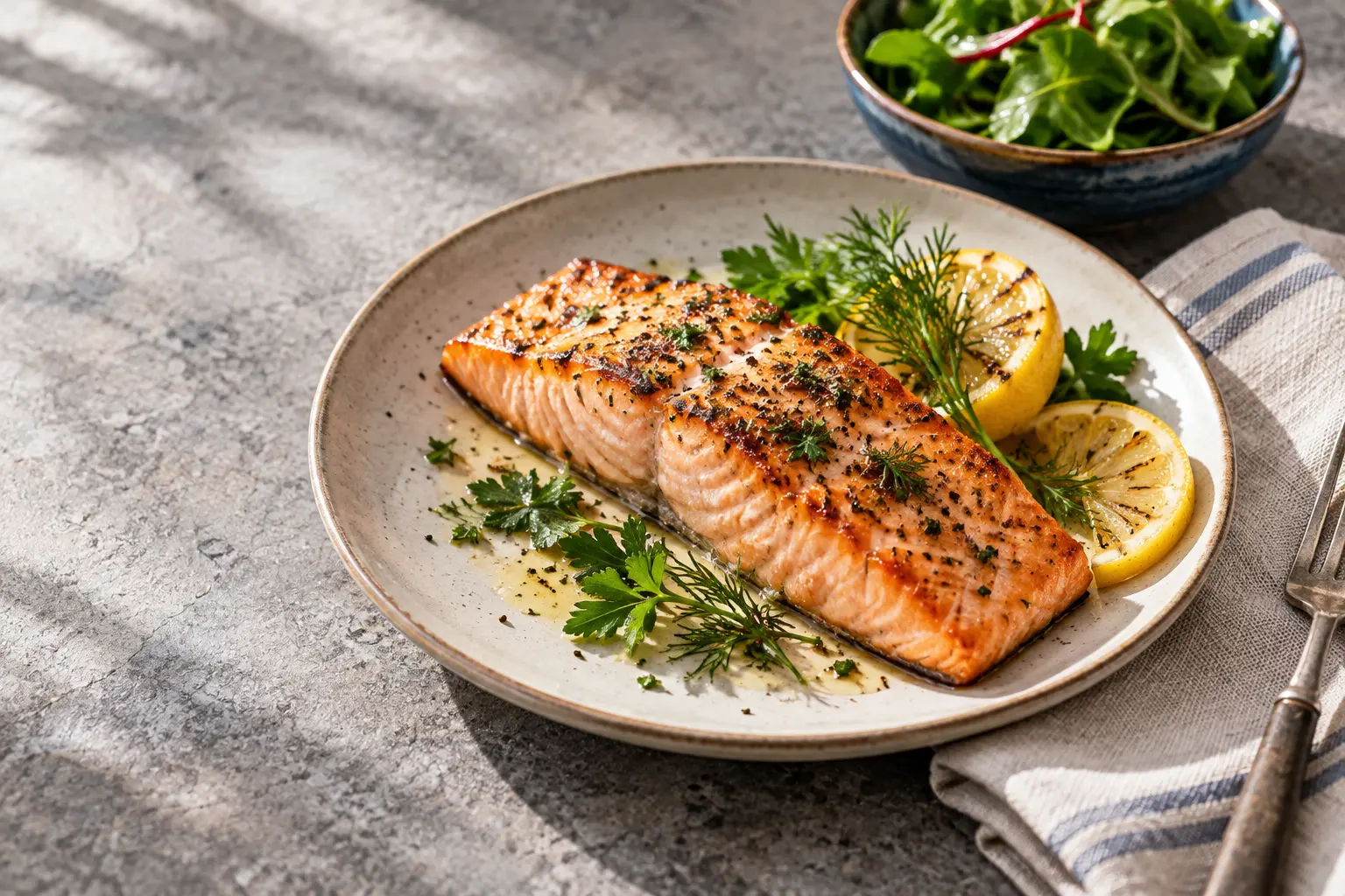 Salmon with lemon on a ceramic plate